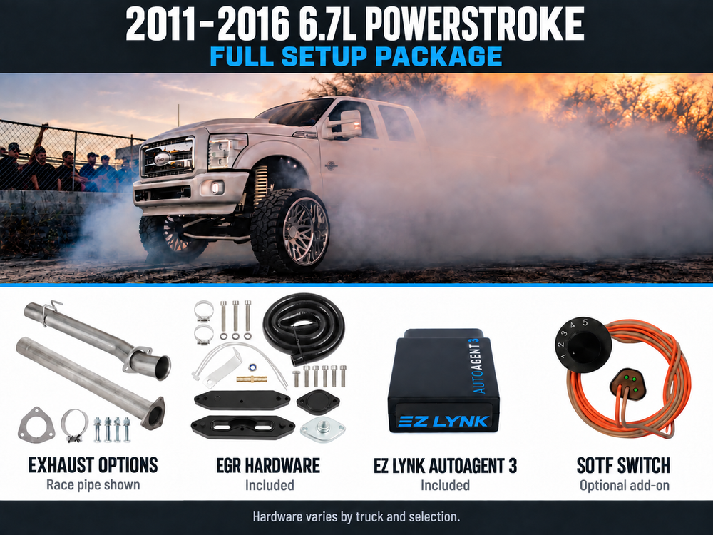 2011–2016 6.7L Powerstroke complete setup with exhaust options, included EGR hardware, EZ Lynk AutoAgent 3 and optional SOTF switch.