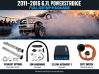 2011–2016 6.7L Powerstroke full setup package in a horizontal layout: truck, exhaust options with representative race pipe shown, EGR hardware, EZ Lynk AutoAgent 3 and optional SOTF switch. Hardware varies by truck and selection.