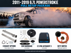 2011–2019 6.7L Powerstroke full setup package in a horizontal layout: truck, exhaust options with representative race pipe shown, EGR hardware, EZ Lynk AutoAgent 3 and optional SOTF switch. Hardware varies by truck and selection.