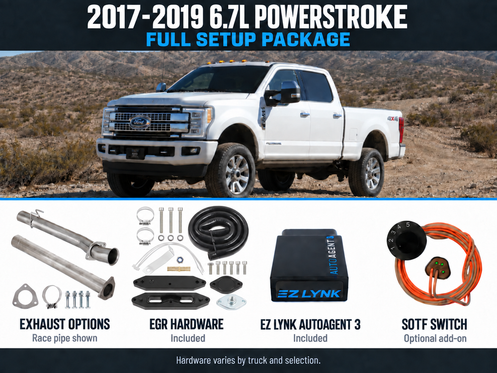 2017–2019 6.7L Powerstroke complete setup with exhaust options, included EGR hardware, EZ Lynk AutoAgent 3 and optional SOTF switch.