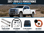 2017–2019 6.7L Powerstroke full setup package in a horizontal layout: truck, exhaust options with representative race pipe shown, EGR hardware, EZ Lynk AutoAgent 3 and optional SOTF switch. Hardware varies by truck and selection.