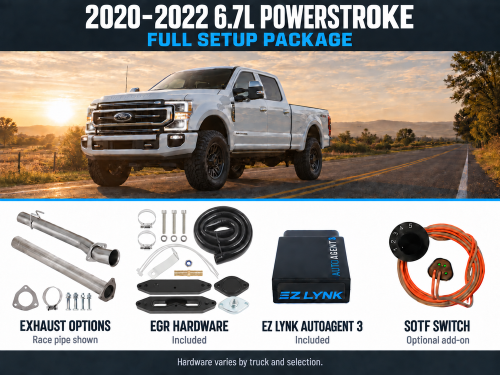 2020–2022 6.7L Powerstroke complete setup with exhaust options, included EGR hardware, EZ Lynk AutoAgent 3 and optional SOTF switch.