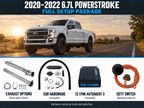2020–2022 6.7L Powerstroke full setup package in a horizontal layout: truck, exhaust options with representative race pipe shown, EGR hardware, EZ Lynk AutoAgent 3 and optional SOTF switch. Hardware varies by truck and selection.
