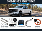 2023–2026 6.7L Powerstroke full setup package in a horizontal layout: truck, exhaust options with representative race pipe shown, EGR hardware, EZ Lynk AutoAgent 3, included downpipe and optional SOTF switch. Hardware varies by truck and selection.