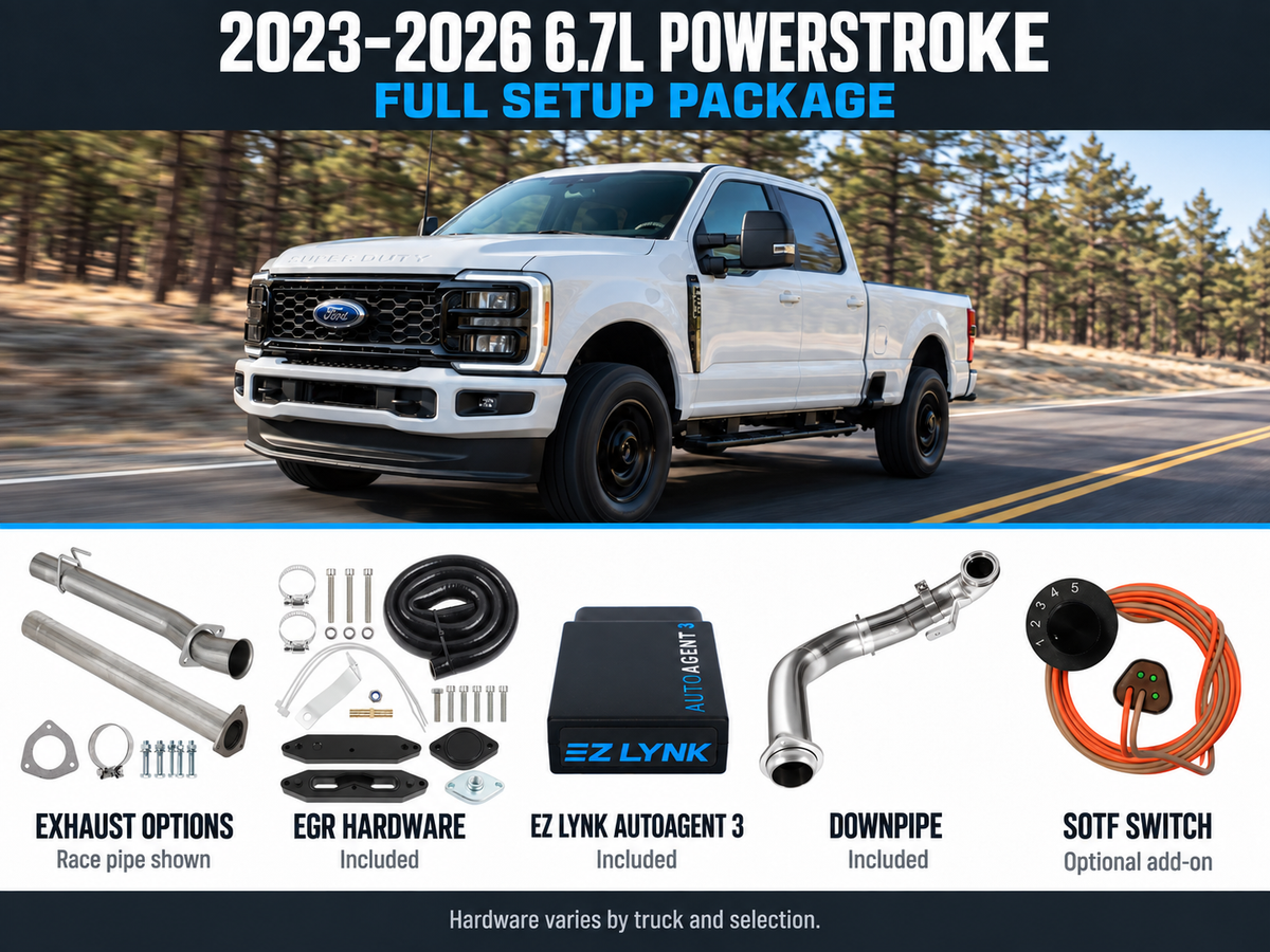 2023–2026 6.7L Powerstroke full setup package in a horizontal layout: truck, exhaust options with representative race pipe shown, EGR hardware, EZ Lynk AutoAgent 3, included downpipe and optional SOTF switch. Hardware varies by truck and selection.
